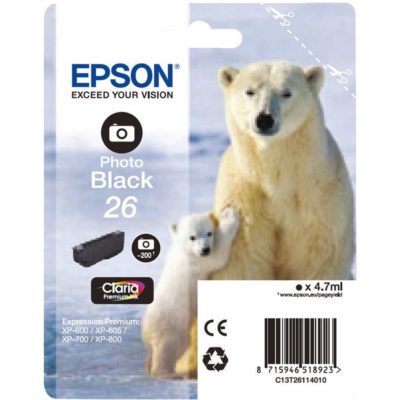 Epson 26 Claria Premium Ink, Ink Cartridge, Photo Black Single Pack, C13T26114010 Epson 26 Claria Premium Ink, Ink Cartridge, Photo Black Single Pack, C13T26114010